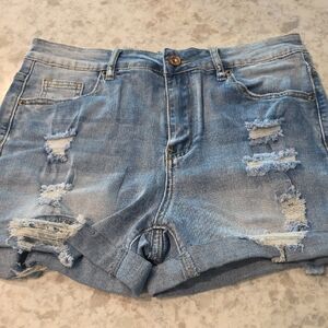 Blue Distressed Jean Shorts with Frayed Hem